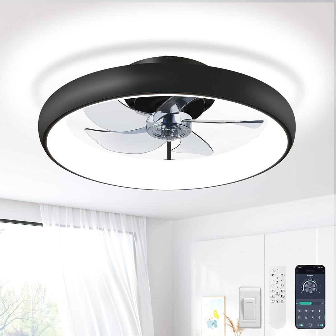 Fivesun Ceiling Fans with Lights and Remote, 20" Modern Low Profile Ceiling Fan with Light, 2700K-7000K Stepless Dimming Fandelier Flush Mount Led Fan Light and 6 Wind Speeds for Bedroom(Black)