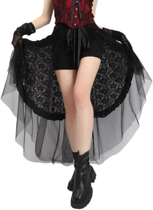 FURPHI Steampunk Tulle Bustle Skirt Gothic Black Tutu Dress with Drawstring Halloween Costume for Women