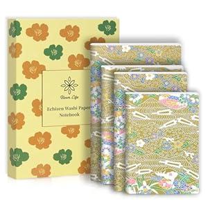 Bloom Life 4-Pack Washi Journals, Blank Notebooks, 80g Paper, 60 Pages Each, Bookmark Included, Perfect Japanese Notebook, Gift Set, Durable Paper for Daily Use-4 Different Sizes (Gold river)