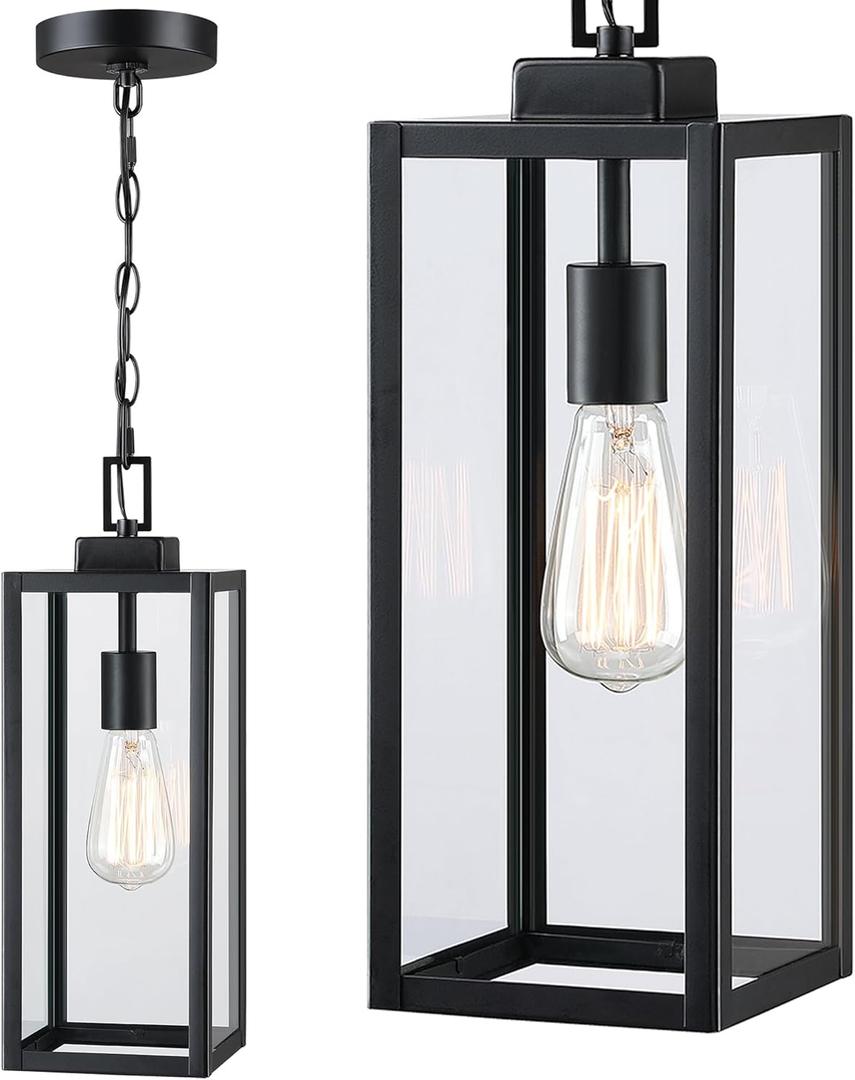 17 Inch Outdoor Pendant Light for Porch,Metal and Glass Outside Hanging Light Ceiling Mount Exterior Hanging Lantern for Patio Entrance Front Door Pendant,E26 (17" no sensor)