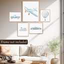 2 x Blue Car Wall Art Decor Boys Room Poster Vintage Train Transportation Wall Art (UNFRAMED) (White)