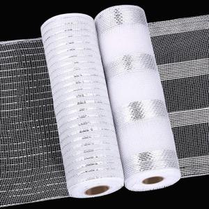 Shappy 2 Roll Poly Burlap Mesh 10 in x 30 ft Metallic Poly Mesh Roll with Ribbon Stripe for New Year Wreaths Xmas Tree Decor Wrapping Craft Ribbon (Metallic Foil White and Silver, Silver and White)