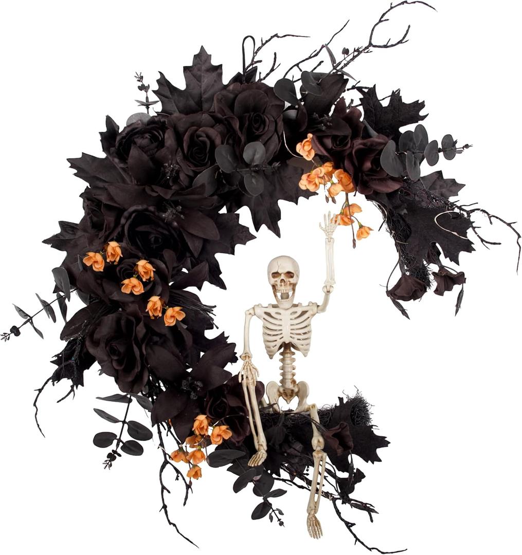 20" Pre-lit Halloween Black Moon Wreath with Poseable Skeleton, Handmade Halloween Wreath Decor for Home Front Door Porch Wall Hanging