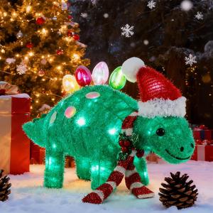 Hausse Lighted Christmas Outdoor Decor, Pre-Lit 3D Tinsel Xmas Green Stegosaurus Figure 25"L x 13"H, Light Up Xmas Dinosaur Yard Displays, Plug in for Holiday Party New Year Winter Patio Lawn Garden