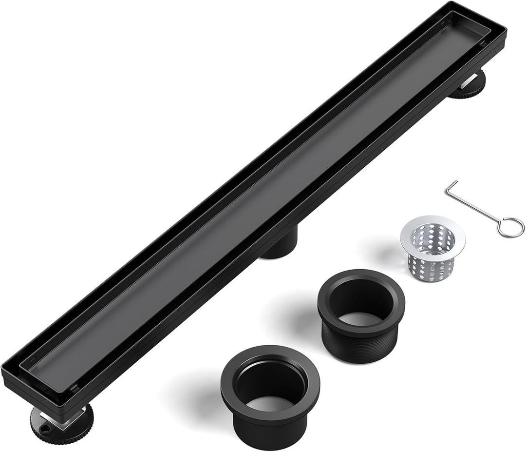 EXF Linear Shower Drain 36 Inch Matte Black with Reversible Flat & Tile Insert Cover, Stainless Steel Rectangle Shower Floor Drain with Hair Catcher, Adjustable Feet