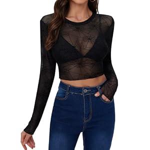 Womens Halloween Long Sleeve Sheer Mesh Blouse Slim Fit Crop Tops Black Spider Web M