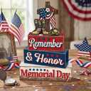 Yuntau 4 Pcs Memorial Day Table Decor Patriotic 4th of July Tiered Tray Decor Remember Honor Our Heroes Wooden Sign Red White Blue Table Centerpiece for Home Office Desk 250th Anniversary Decorations