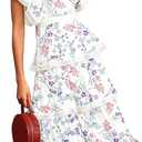 Womens Summer Ruffle Maxi Dress Tiered Chiffon Wedding Guest Cocktail Dress (White, L)