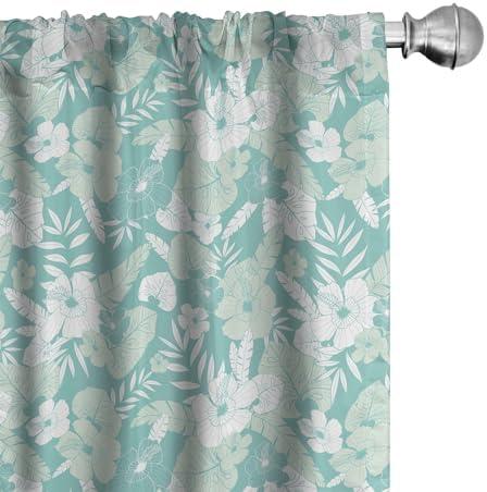 Lunarable Flower Curtains, Hawaiian Floral Themed Tropical Hibiscus and Exotic Leaves, Window Treatments 2 Panel Set for Living Room Bedroom, Pair of - 28" x 84", Teal Green