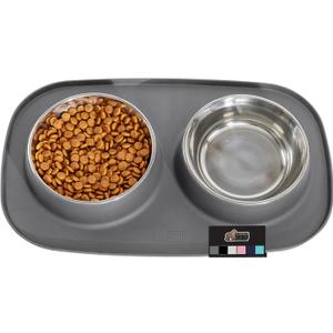 GORILLA GRIP Feeding Mat Set, Patent Pending 100% Waterproof BPA Free Silicone, Stainless Steel Cat and Dog Bowls, Slip Resistant, High Edges Catch Water Food, US Designed Pet Accessories, 2 Cup Gray