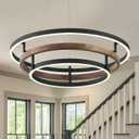3 Ring LED Chandelier Black Round Chandelier Light Fixture Dimmable Farmhouse Foyer Chandeliers Light Wood-Printed Circular Chandeliers for Dining Room Entry Bedroom Office Living Room 24in