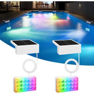 Vangue Solar Pool Lights, Solar Powered LED with IP68 Waterproof, 16 Colors, 7 Brightness Levels, and Timer for Swimming, Inground and Above Ground (Solar Pool Lights 2 Pcs)