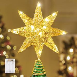 JOIEDOMI 8" Metal 8-Point Star Christmas Tree Topper LED, Glitter Golden Treetop Decorations with 20 Warm White Lights, Battery Powered Decor for Home Holiday Xmas Party Indoor
