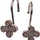 Bronze Decorative Shower Curtain Hooks: Oil Rubbed Rustproof Metal Rings for Shower Curtain Rod - Rustic Vintage Flower Clover Shaped Shower Curtain Hooks Hangers for Bathroom - Set of 12