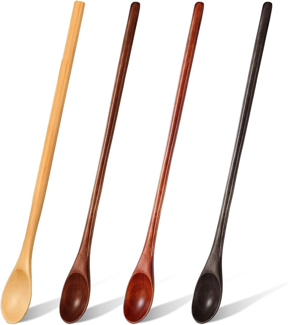 4 Pcs 13 Inch Long Handle Wooden Spoons for Cooking Long Handle Tasting Tea Spoon Wooden Utensils Vintage Stirrer for Kitchen Soup Coffee Cocktail Honey Mixing Stirring, 4 Colors