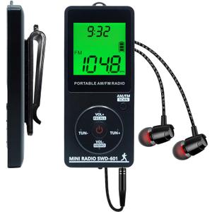 AM/FM Personal Portable Mini Radio with Digital Tuning LCD Display and Backlight Time, SWDSTP Rechargeable Pocket Radio with Earphone and Belt Clip for Walking, Jogging