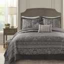 Madison Park Traditional Damask Design All Season, Lightweight Coverlet Bedspread Bedding Set, Matching Shams, Pillows, (120"x118"), Bellagio, Jacquard Grey, 5 Piece (Oversized King)