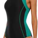 beautyin Women's One Piece Athletic Racerback Swimsuit Slimming Bathing Suit (Large, Black Green)