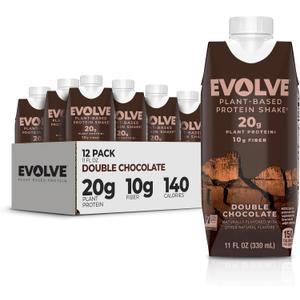 Evolve Plant Based Protein Shake, Double Chocolate, 20g Vegan Protein, Dairy Free, No Artificial Sweeteners, Non-GMO, 10g Fiber, 11 Fl Oz (Pack of 12) - (Formula May Vary) (EXP 05/14/26)