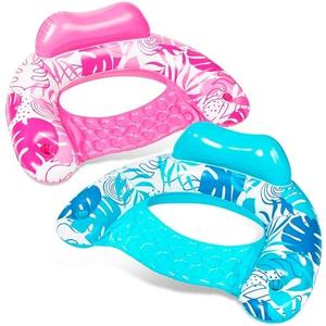 SLOOSH Inflatable Pool Floats Adult,2 Pack Pool Chairs with Cup Holders, Blow up Floats Chair, Hammock Noodle Mat Leaves Design for Relaxing Summer Water Fun Swimming Party Beach