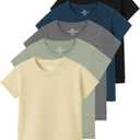 Real Essentials 5 Pack: Girls' Cotton Short Sleeve Crew Neck T-Shirt - Athletic Tee Shirt for Teens Kids Youth (Ages 4-16) (XS)