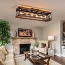 6-Light Large Rustic Farmhouse Wood Flush Mount Ceiling Light Fixture 39.4 inch Oak Wood and Metal Rectangular Track Semi Flush Mount Ceiling Light for Kitchen Living Room Bedroom Indoor, Black