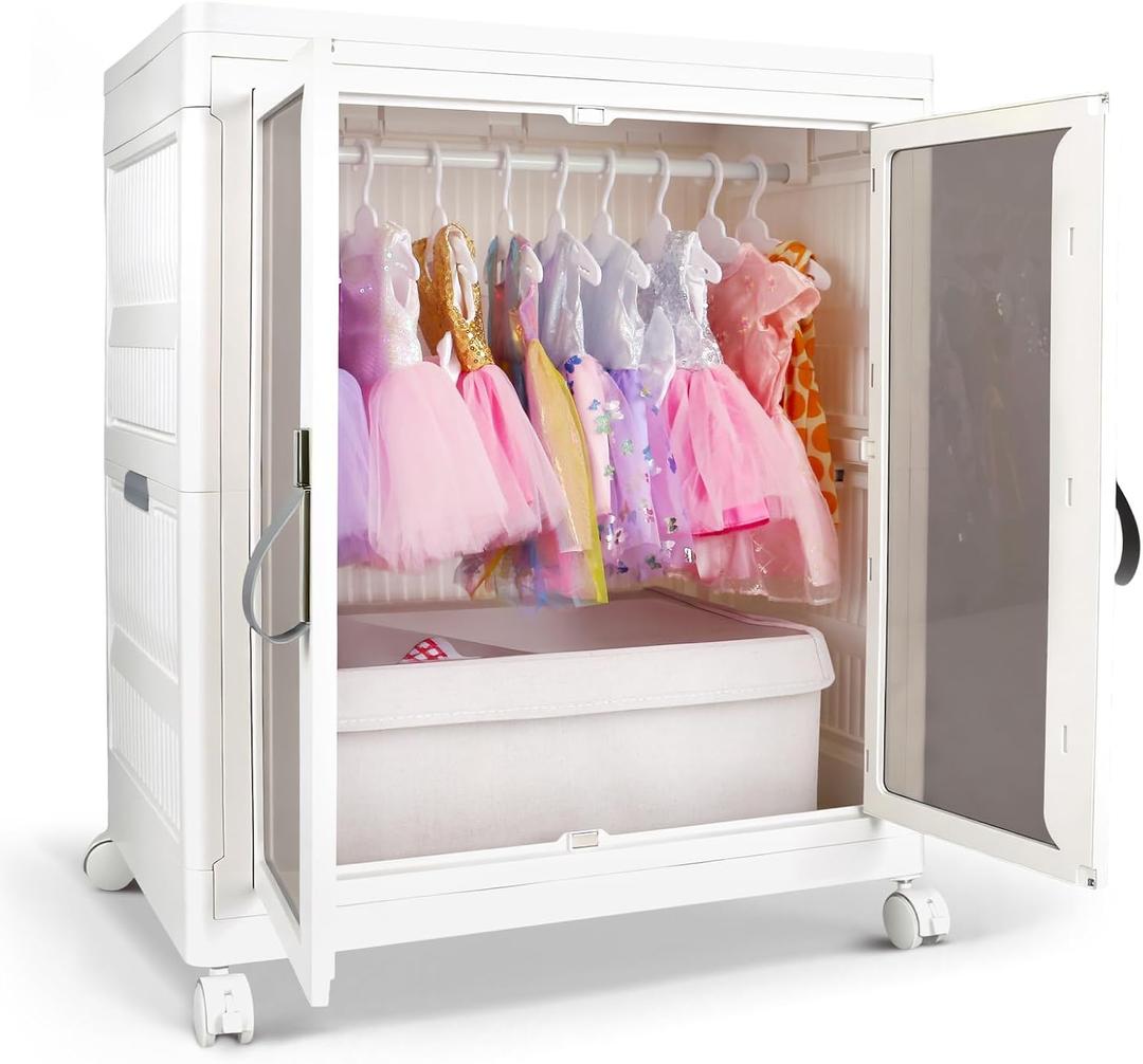 Large Closet Armoire for 18" Doll Clothes & Accessories - Stackable, Organizer Wardrobe Cabinet with Mysterious Gifts 10Pcs, Hanging Rod, Magnetic Doors, Lockable Wheel, and Extra Canvas Bin