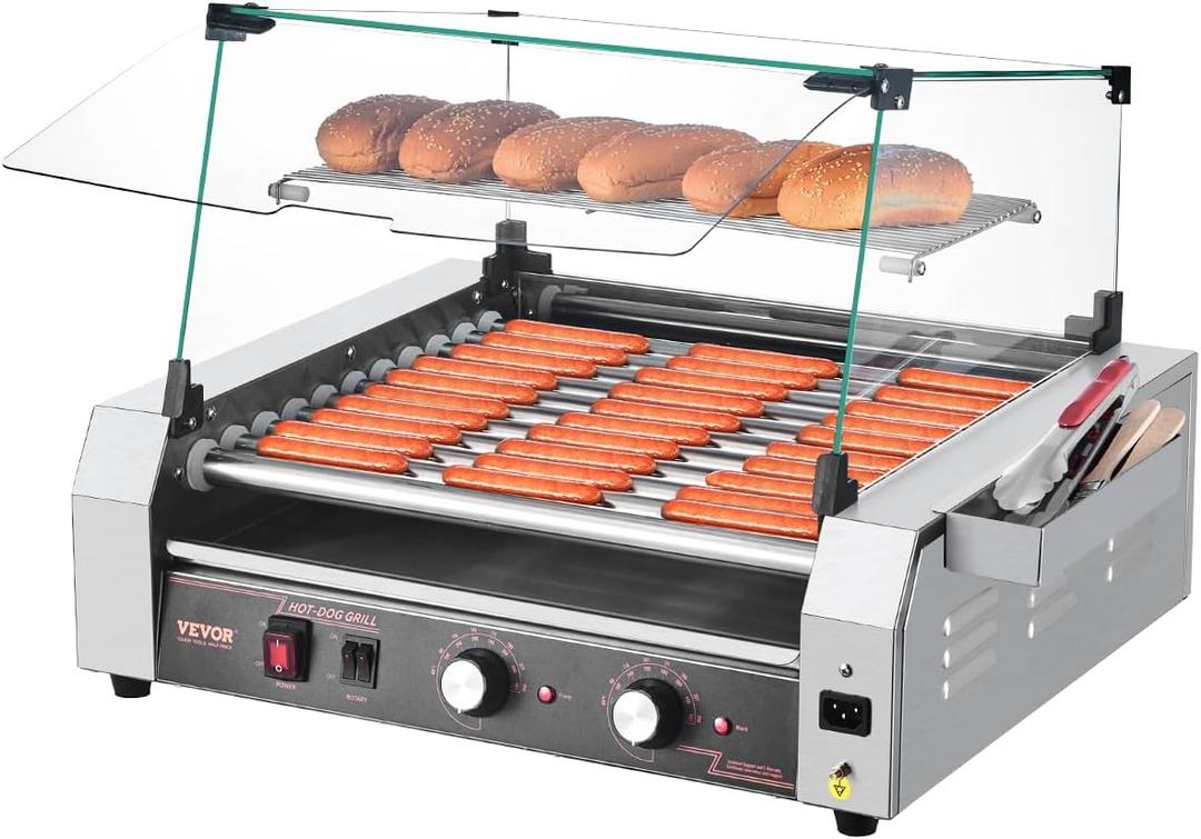 VEVOR Hot Dog Roller, 30 Hot Dog 11 Rollers, Stainless Steel Sausage Grill Cooker, 1600W Commercial Hot Dog Machine with Dual Temp Control, Cover, Side Storage Box, Removable Shelf & Oil Drip Tray