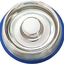 Mr. Peanut's Stainless Steel Interactive Slow Feed Dog Bowl with a Blue Base, Fun Healthy Bloat Stop Feeder (Small)