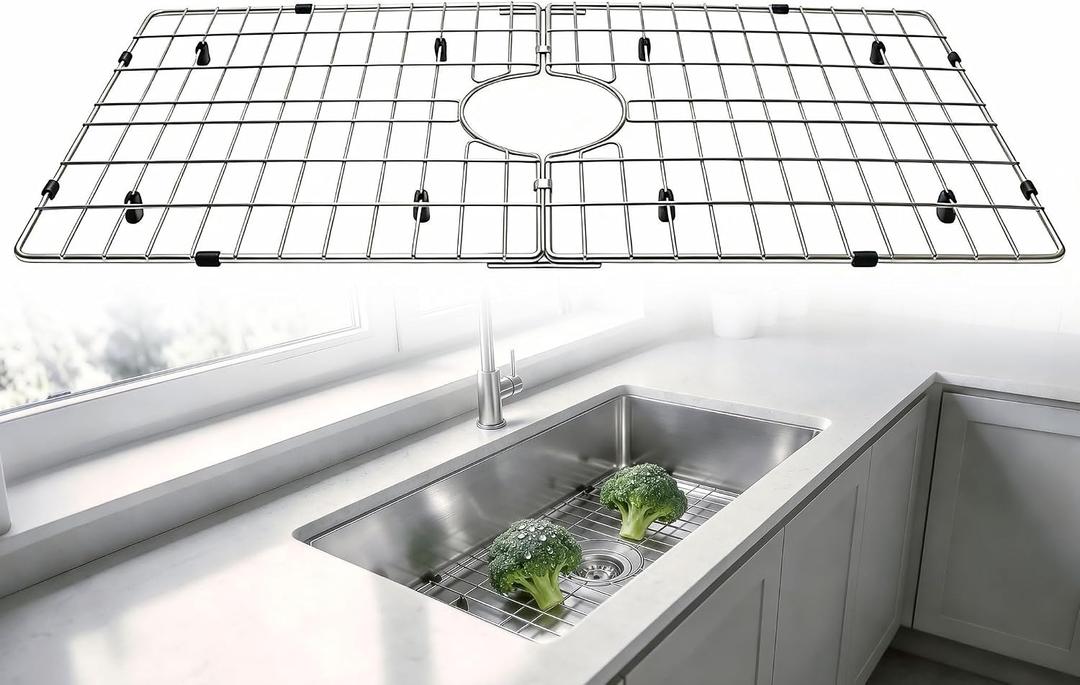 29-1/2" x 15-3/4" Sink Grid for Kitchen Sink Stainless Steel Bottom Protector, Center Drain, Detachable Design, Fits Large Single Bowl Sinks, Scratch Protection & Dish Drying Rack