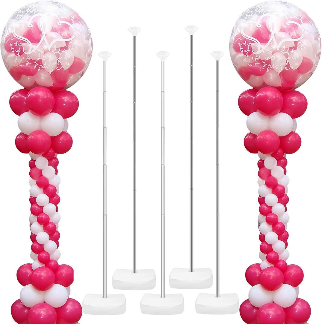 6 Set Heavy-Duty Balloon Column Stand Kit for Floor, 6.6ft Adjustable Metal Telescopic Balloon Tower with Base for Birthday, Wedding, Baby Shower, Graduation Party, Outdoor Indoor Decorations