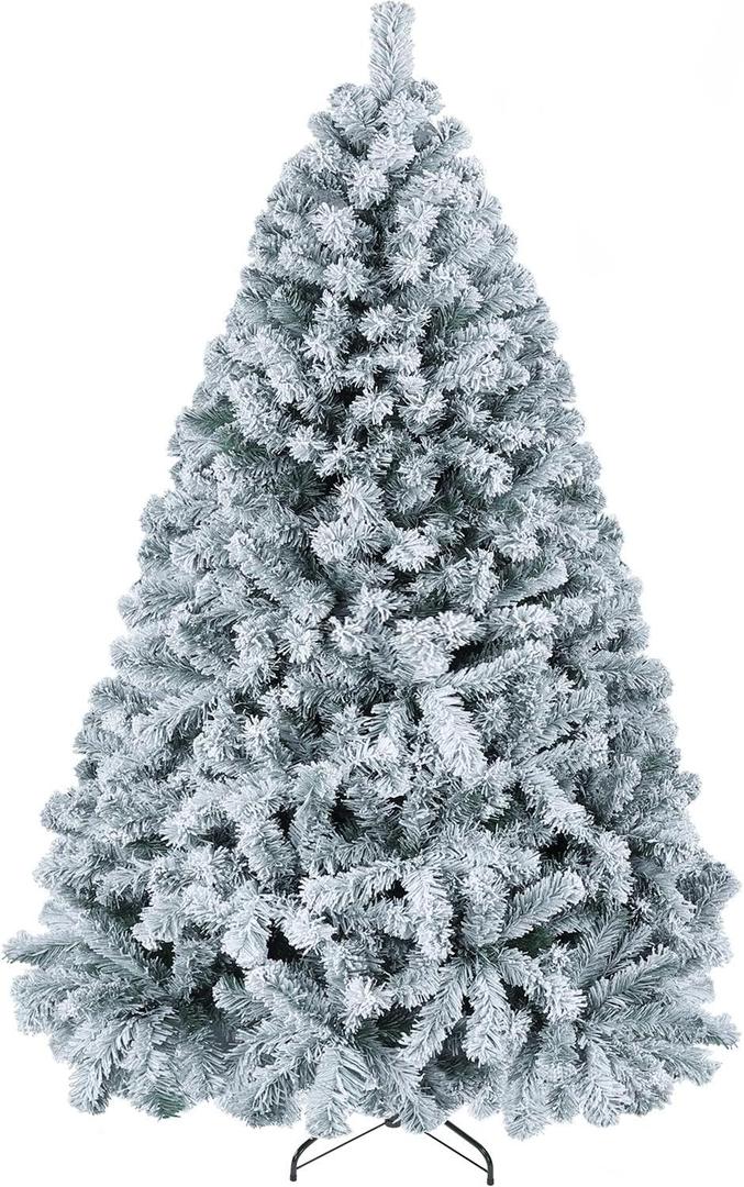 Yaheetech 6ft Premium Snow Flocked Artificial Christmas Tree Hinged Pine Full Holiday Xmas Tree for Home Office Party Decoration with 820 Branch Snow Tips and Metal Stand (Green&white)