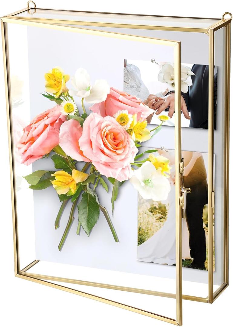 ELLDOO Shadow Box Frame 8x10inch - Glass Display Case with White Foam Backplane and Pins for Tabletop and Wall Display, Gold Metal Keepsakes Memory Box for Wedding Bouquet Memorabilia Medals Photos