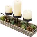 MyGift Solid Torched Wood Candlescape Display Tray Set with Metal Pillar Candle Holder and Decorative Fake Succulent Plants and Pine Cones - Holds 3 Candles