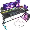 TIQLAB Gaming Desk with Power Outlets & LED 47 Inch Ergonomic Computer Carbon Fiber Surface Gamer Desk, PC Workstation with Headphone Hook for Bedroom, Kids Desk Gift for Boys, Black