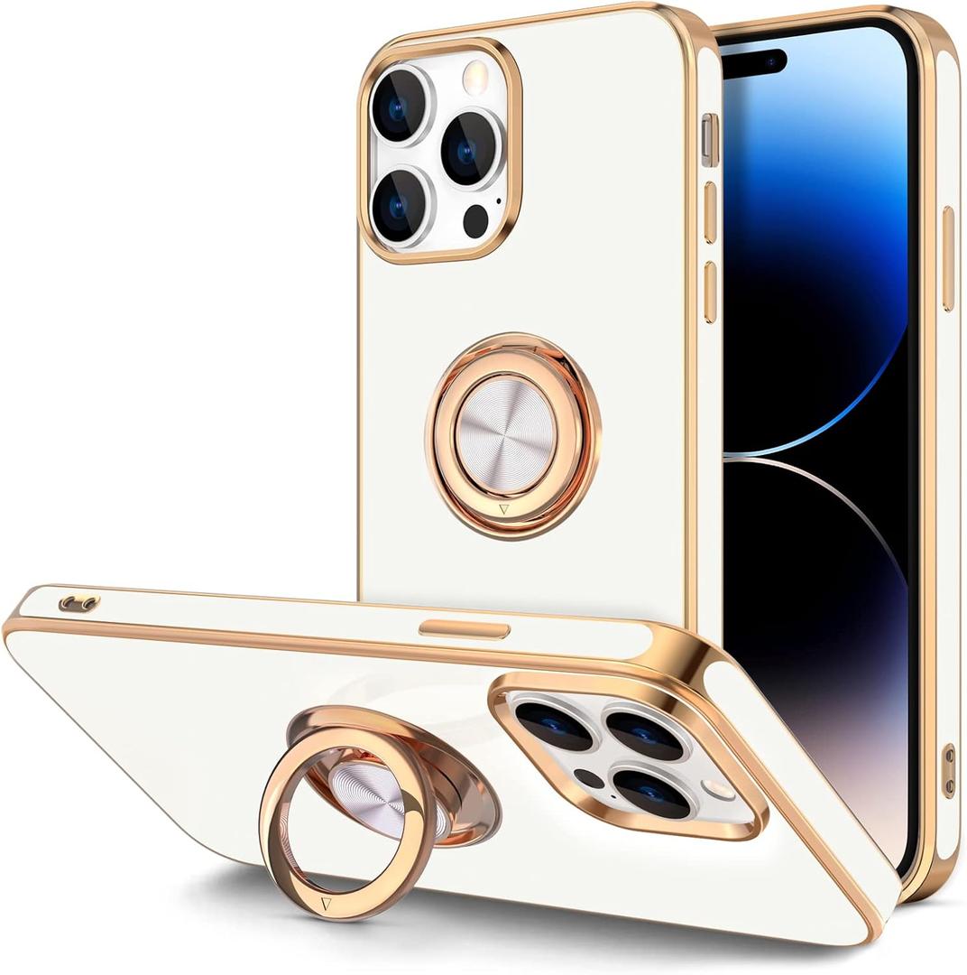 Hython for iPhone 14 Pro Max Case with Ring Stand [360 Rotatable Ring Holder Magnetic Kickstand] [Support Car Mount] Plated Gold Edge Slim Soft TPU Luxury Protective Phone Case Cover, White