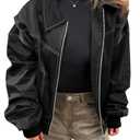 Tankaneo Womens Oversized Leather Bomber Jackets Cap Sleeve Zip Up Motorcycle Coats with Pockets M