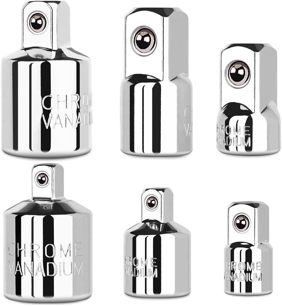 6 Piece Socket Adapter and Reducer Set, 1/4", 3/8", 1/2" Chrome Vanadium Steel Ratchet/Socket Extension/Conversion Kit for Automotive Maintenance (Silver)