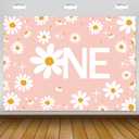 Mocsicka Retro Daisy First Birthday Backdrop Boho Daisy Birthday Background Bohomian Daisy Floral Groovy 1st Birthday Party Decor Cake Table Portrait Photoshoot Studio Props (Pink, 7x5ft)