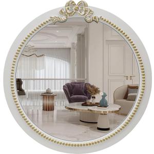 Vintage Round Wall Mirror 20inch Farmhouse Wooden Vanity Mirror for Wall Decor, Decorative Antique White Bathroom Mirrors, Traditional Art Home Decor for Dressing Table, Living Room or Bedroom (20.1"L x 20"W)