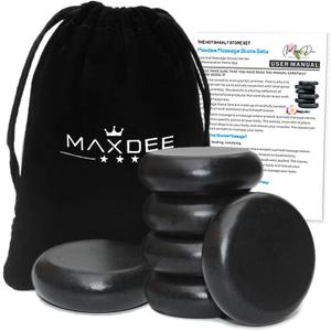 Maxdee Massage Stones Essential Hot Stones for Massage, 6 Large Hot Stones Massage Kit Hot Rocks Massage Stones for Professional or Home Spa, Foot Heater, Relaxing, Healing, Pain Relief, 2.75" (Black)