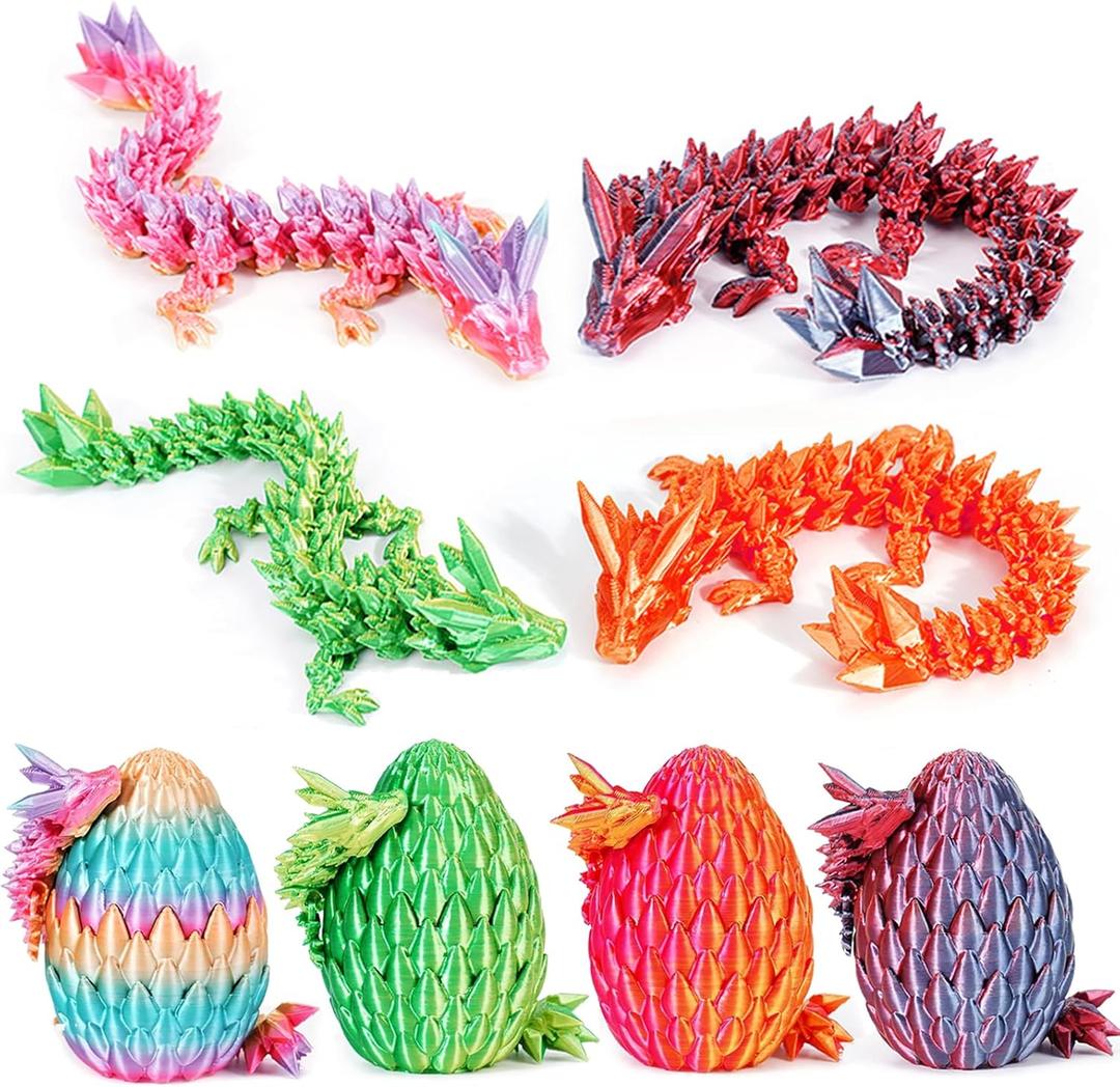 3D Printed Dragon Eggs  4PCS Mini Articulated Baby Dragon Toys, Mystery 3D Fidget Dinosaur Eggs Set for Kids & Adults, Fantasy Desk Decor & Collectible Gifts