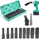 11 pcs 1/2 Metric Deep Impact Socket Set, Long Sockets 8mm to 24mm, Swivel Universal Joint and 1/4" Bit Adapter, Hex Drive, Flexible Angles Heavy Use for Power Drills, Impact Driver, Wrench