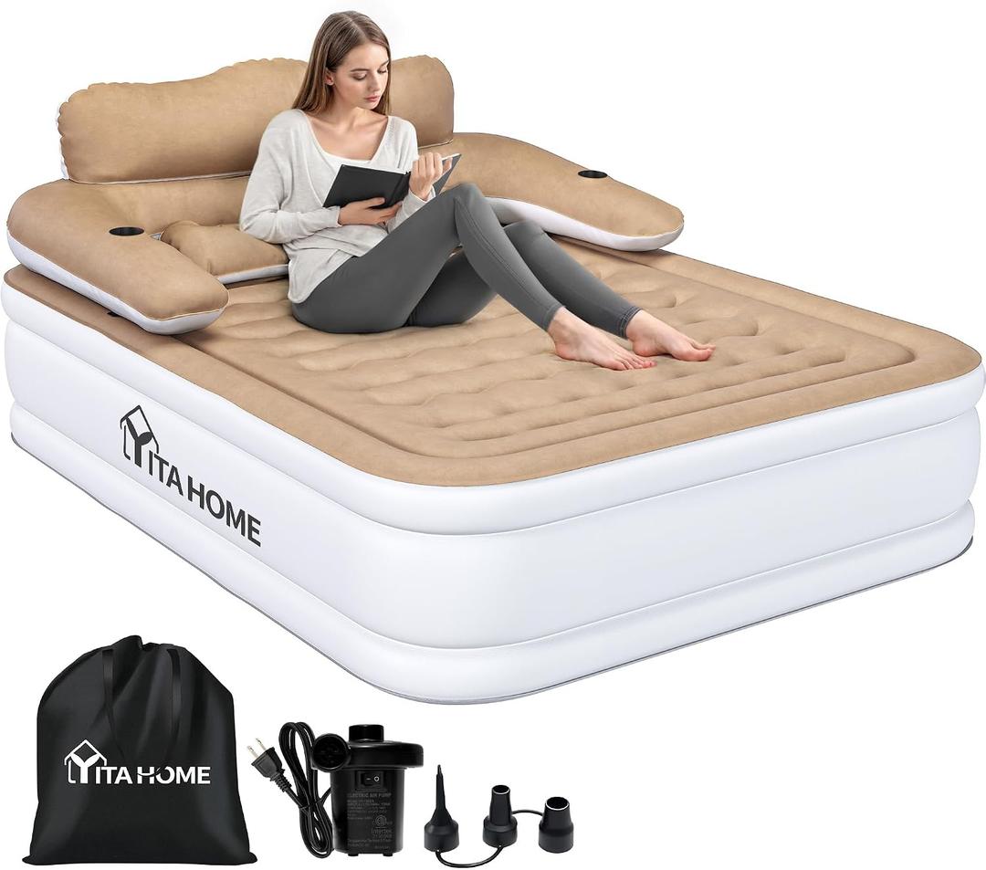 YITAHOME Queen Size Air Mattress with Headboard and Built-in Pump, 18in Blow Up Mattress with Carry Bag, Repair Kit, and Nozzles for Home, Camping, and Travel, Brown