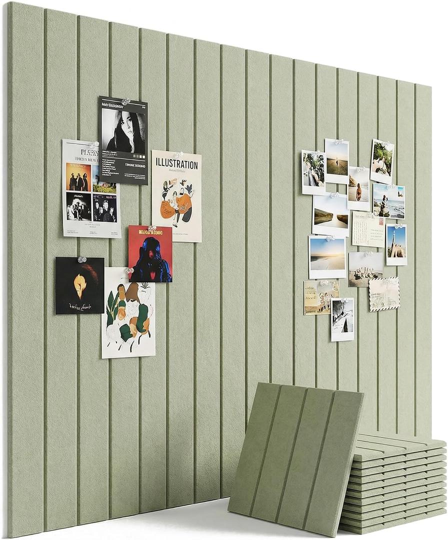 Aothia 12-Pack Felt Bulletin Board Tiles 48"x36", Modular Pin Board for Notes, Photos & Mood Boards, Cork Board Alternative for Smooth Walls, 0.35" Thick, 70 Adhesive Tabs & 40 Pins, Sage Green, Bold Stripe