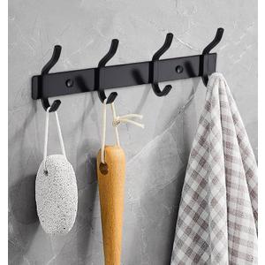 Black Wall Hooks, 12 Inch Coat Rack Wall Mount with 4 Hooks, Wall Hooks for Hanging Backpack, Bag, Purse, Clothes, Hat, Coat, Towel | Entryway & Bathroom Storage Organization Hanger