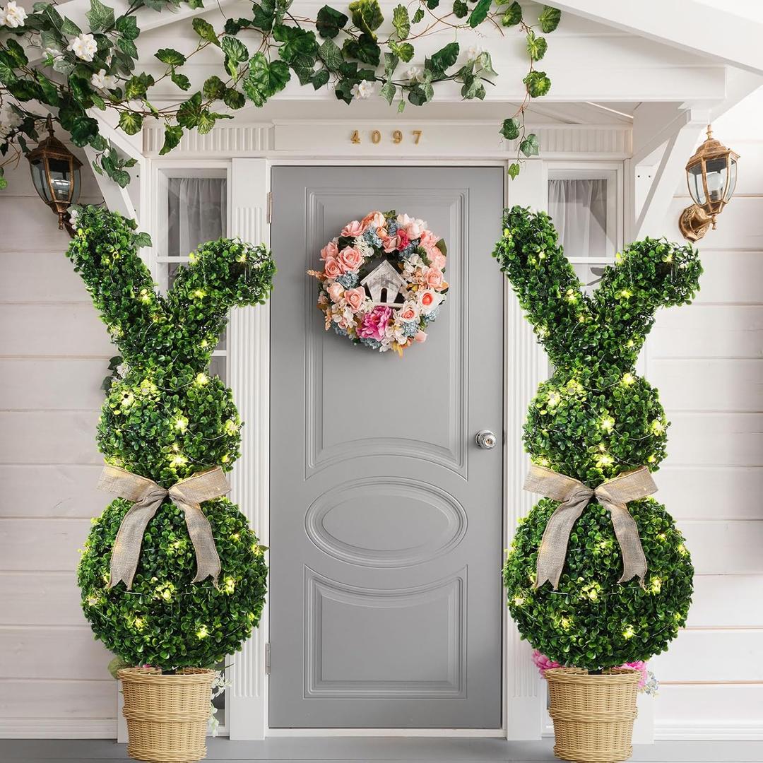 2 Pcs 31.5 Inch Easter Artificial Bunny Shaped Topiary Trees with Ground Spike, Spring Faux Boxwood Topiary Rabbit Bushes Potted Fake Shrubs for Garden Patio Front Porch Indoor Outdoor Decor