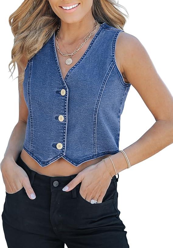 luvamia Jean Vests for Women Crop Denim Top Button Down Waistcoat Vest Tank Tops Fashion Casual Sleeveless Jacket M