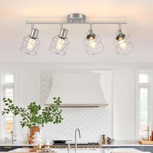 4-Light Kitchen Lighting Fixtures, Adjustable Multi-Directional Brushed Nickel Track Ceiling Light, Semi Flush Mount Ceiling Spotlight with Wire Cages for Living Room, Bedroom, Hallway