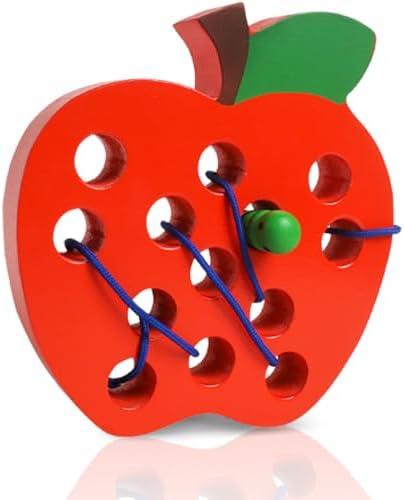Lacing Toys for Toddlers 1-3,Wooden Threading Apple Baby Travel Toys,Montessori Education Sensory Learning Fine Motor Skills, Wooden Block Puzzle Gifts for 1 2 3 Year Old Baby Kids Boys Girls 2pack